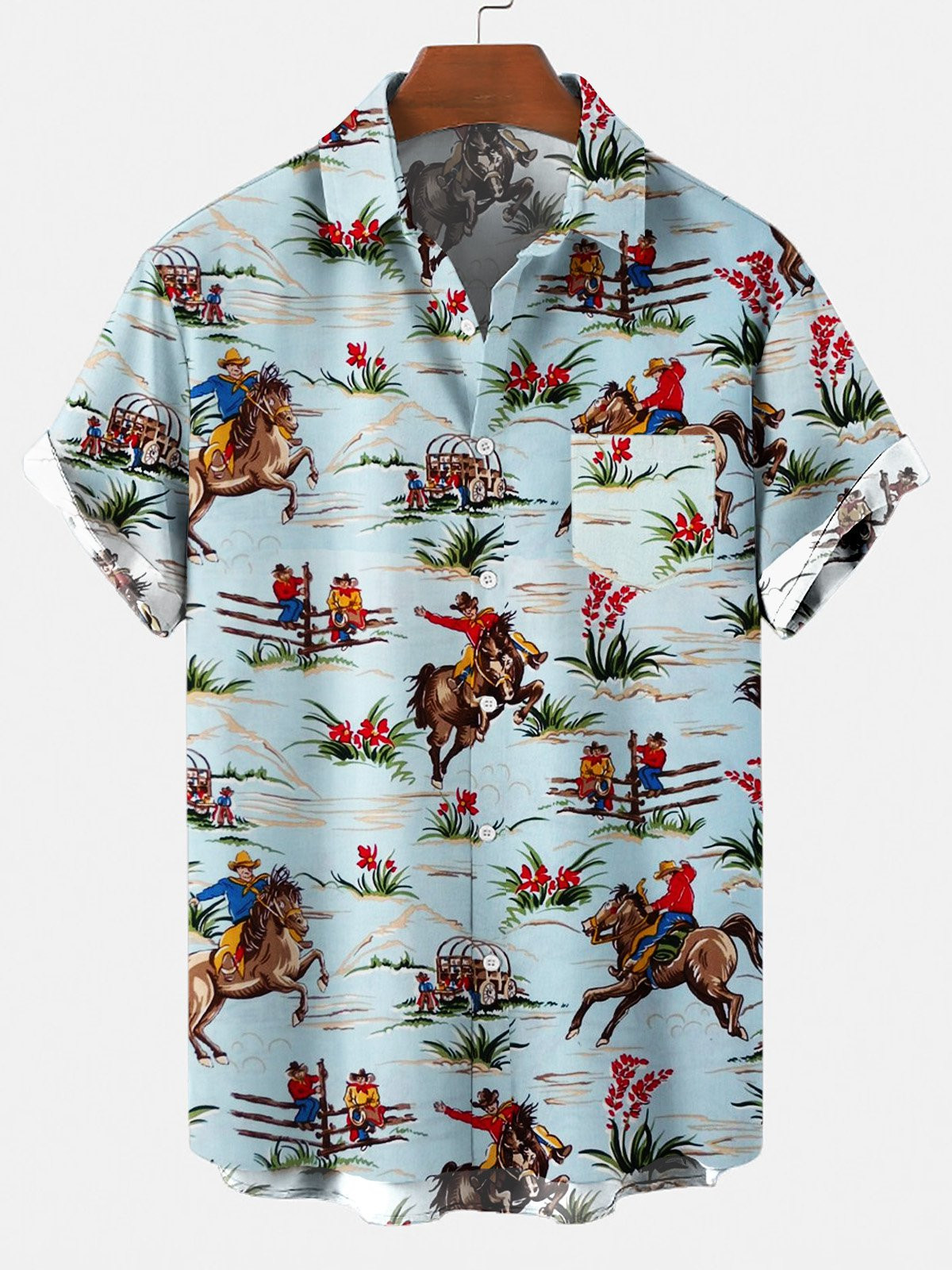 Mens Retro Cowboy Horse Shirts Lover Pocket Equestrian Casual Western Plus Size Tops Hawaiian Shirt for Men Women