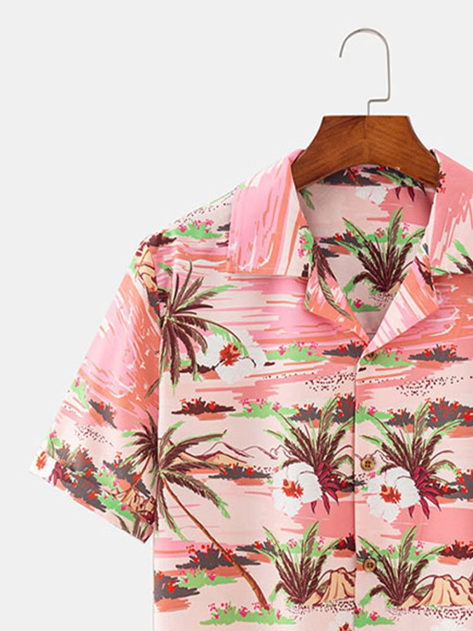 Pink Printed Beach Floral Cotton-Blend Shirts  Tops Hawaiian Shirt for Men Women