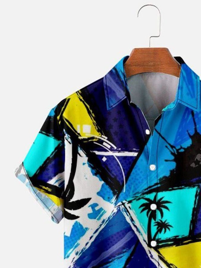 Mens Hawaiian Shirt Casual Short Sleeve Blue Beach Palm Tree Cotton-Blend Shirts  Tops