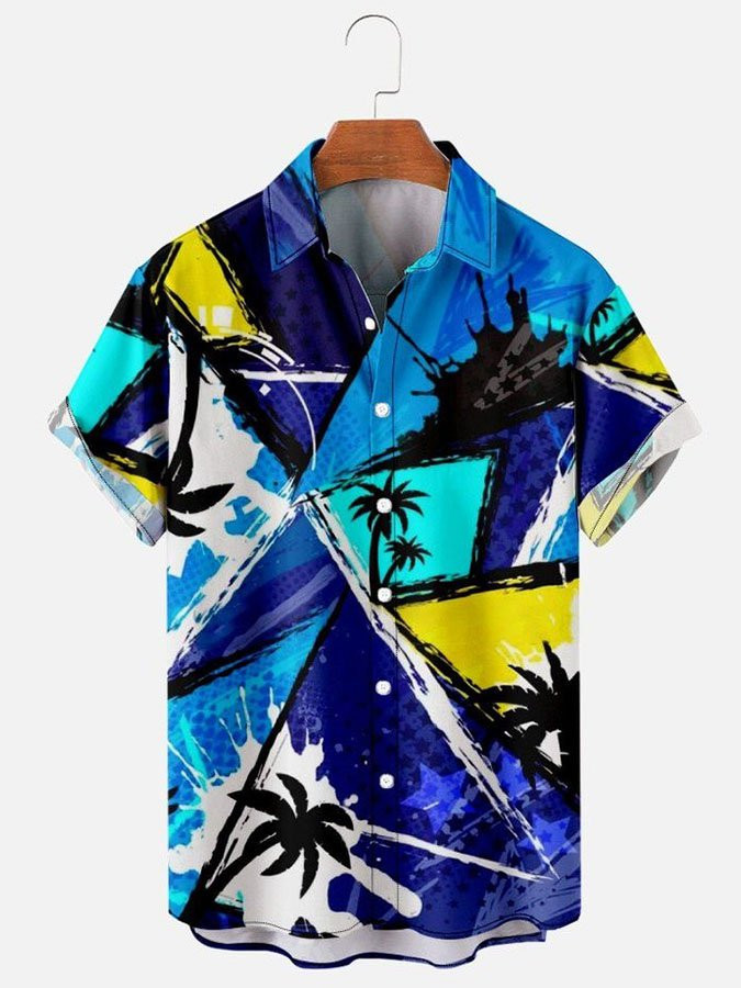 Mens Hawaiian Shirt Casual Short Sleeve Blue Beach Palm Tree Cotton-Blend Shirts  Tops