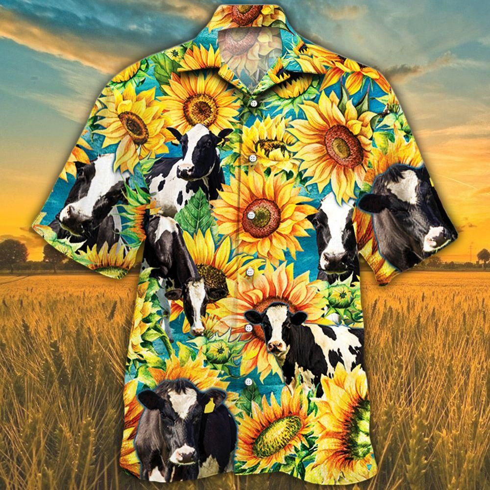 Holstein Friesian Cattle Lovers Sunflower Watercolor Aloha Hawaiian Shirt Colorful Short Sleeve Summer Beach Casual Shirt