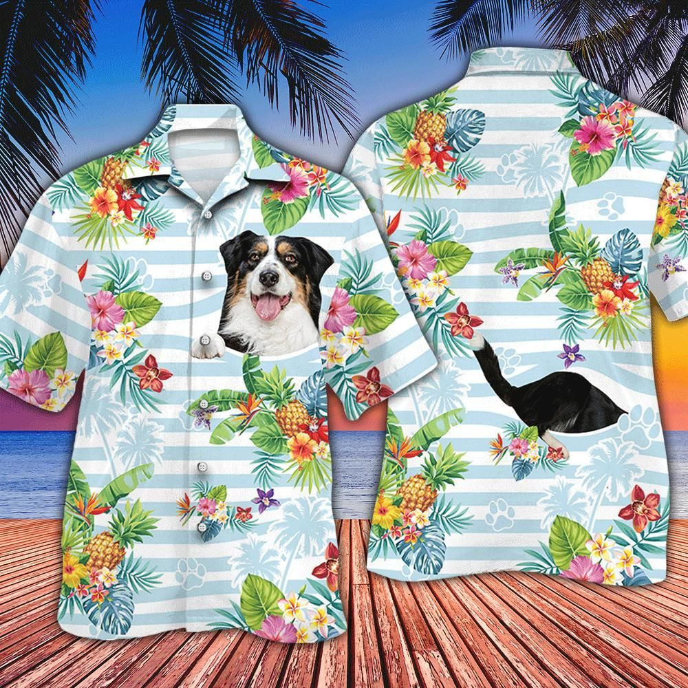 Australian Shepherd Dog Lovers Striped Aloha Hawaiian Shirt Colorful Short Sleeve Summer Beach Casual Shirt For Men And Women