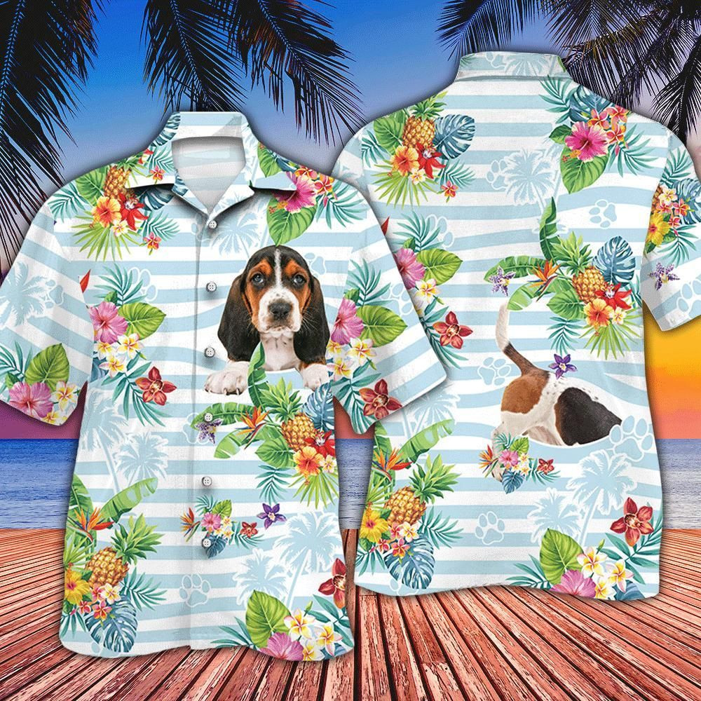 Basset Hound Dog Lovers Striped Aloha Hawaiian Shirt Colorful Short Sleeve Summer Beach Casual Shirt For Men And Women