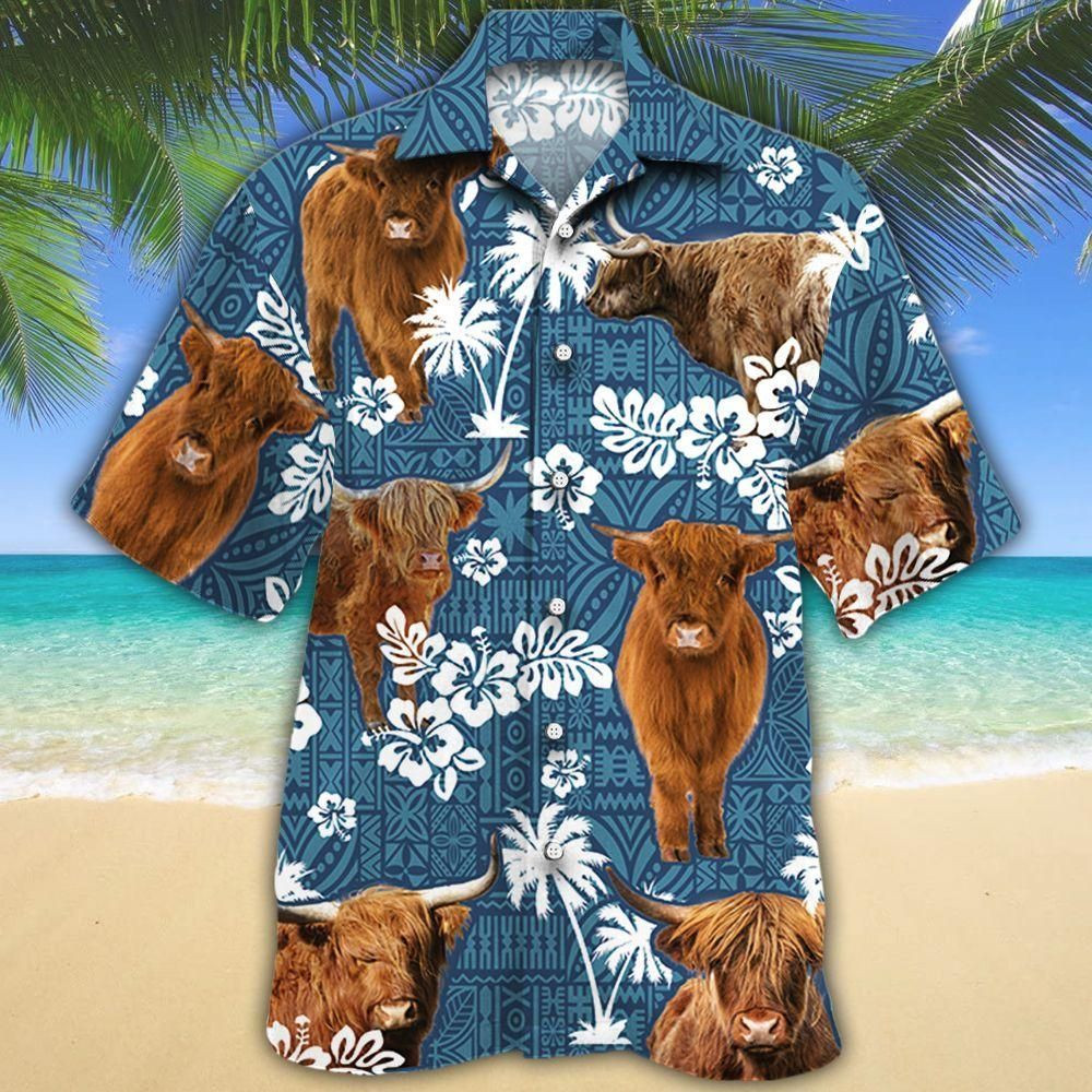 Highland Cattle Lovers Blue Tribal Aloha Hawaiian Shirt Colorful Short Sleeve Summer Beach Casual Shirt For Men And Women