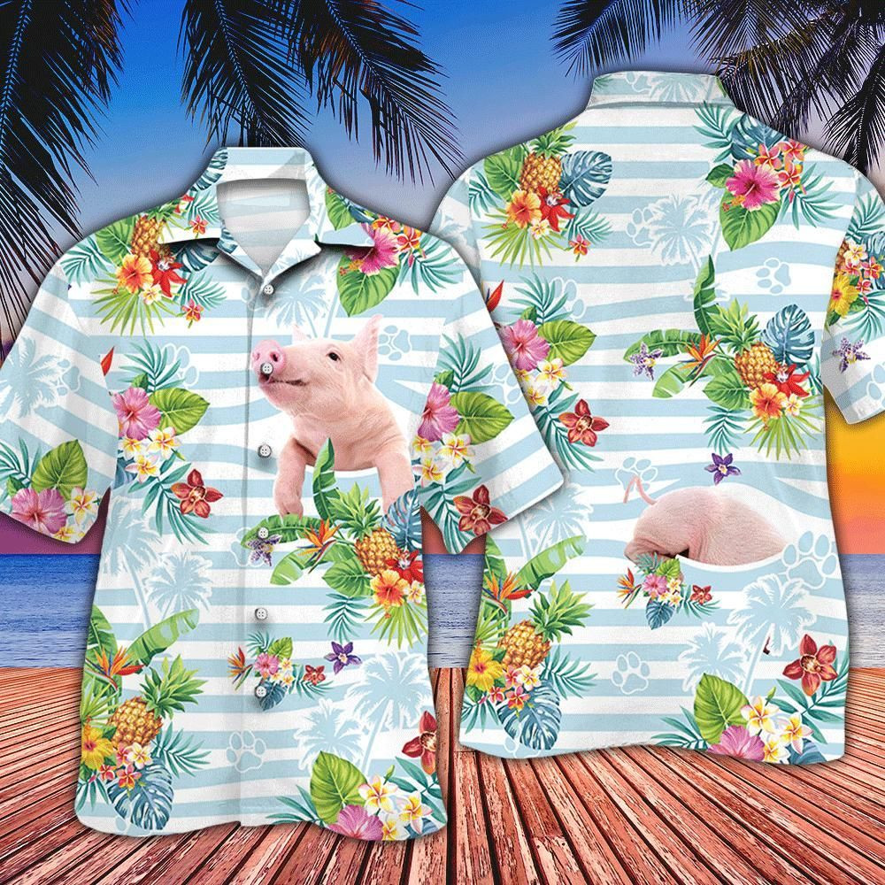 Pig Lovers Striped Aloha Hawaiian Shirt Colorful Short Sleeve Summer Beach Casual Shirt For Men And Women