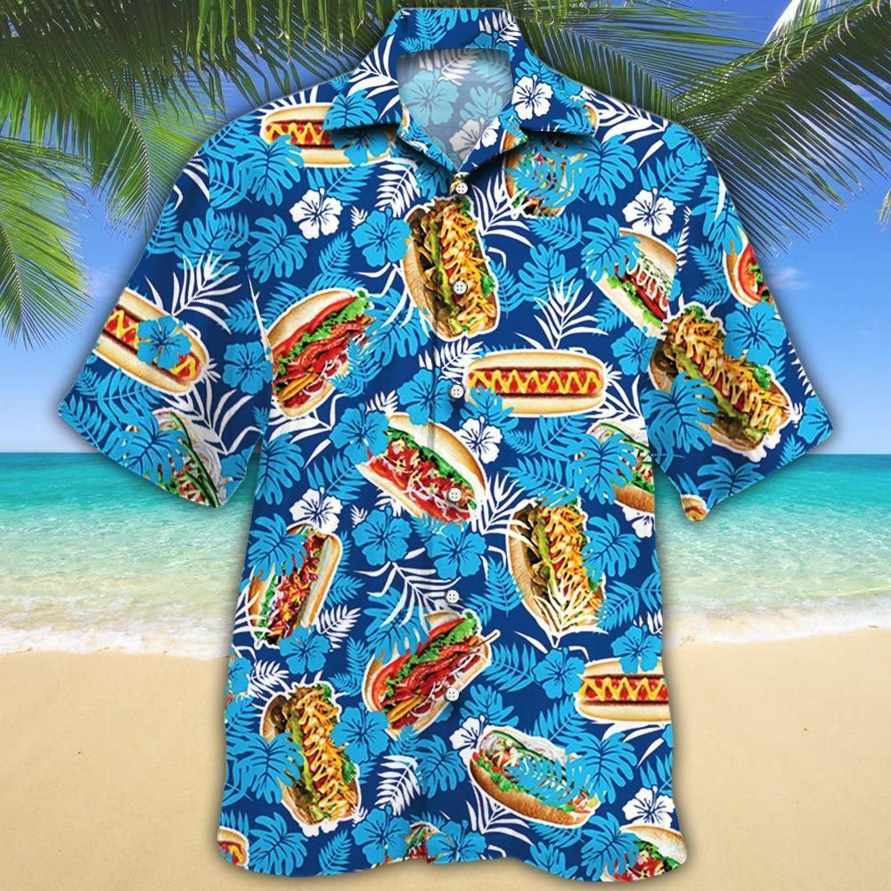 Hot Dog Lovers Blue Floral Aloha Hawaiian Shirt Colorful Short Sleeve Summer Beach Casual Shirt For Men And Women