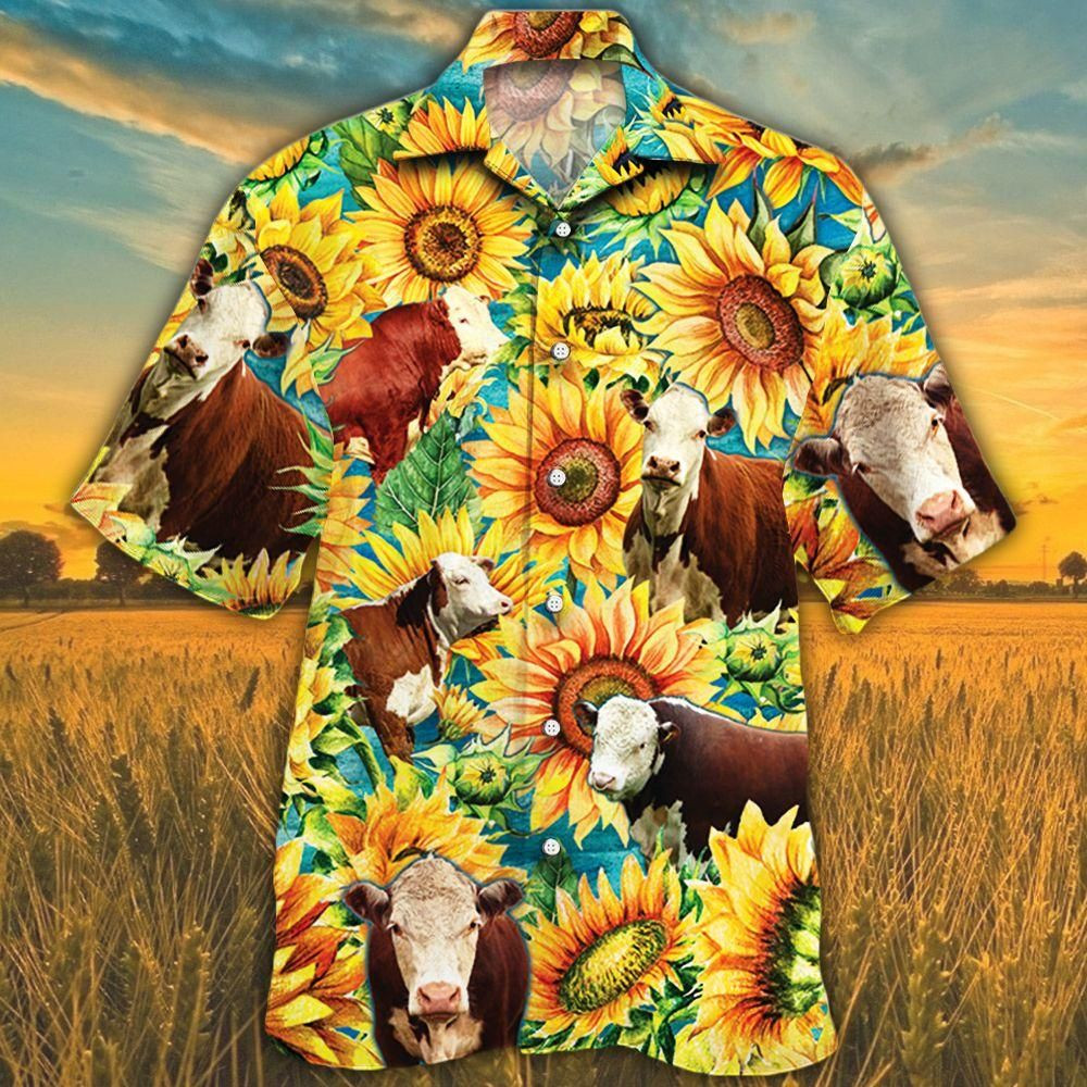 Hereford Cattle Lovers Sunflower Watercolor Aloha Hawaiian Shirt Colorful Short Sleeve Summer Beach Casual Shirt For Men And Women