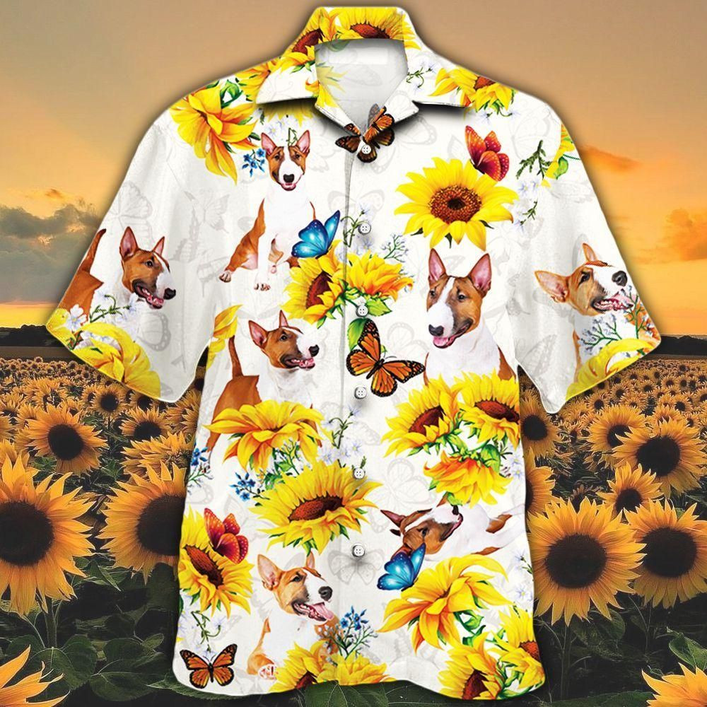 Miniature Bull Terrier Dog Lovers Sun Flower Aloha Hawaiian Shirt Colorful Short Sleeve Summer Beach Casual Shirt For Men And Women