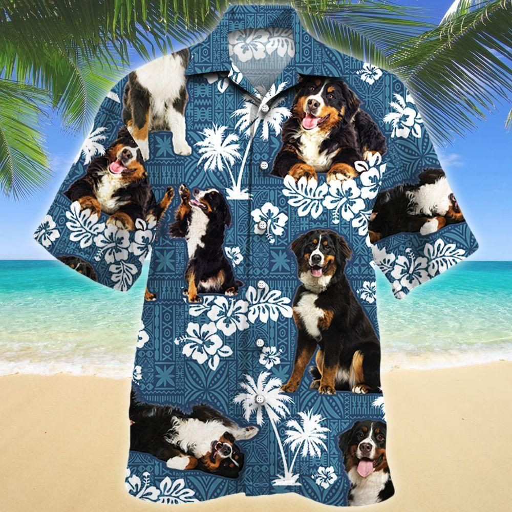 Bernese Mountain Dog Blue Tribal Aloha Hawaiian Shirt Colorful Short Sleeve Summer Beach Casual Shirt For Men And Women