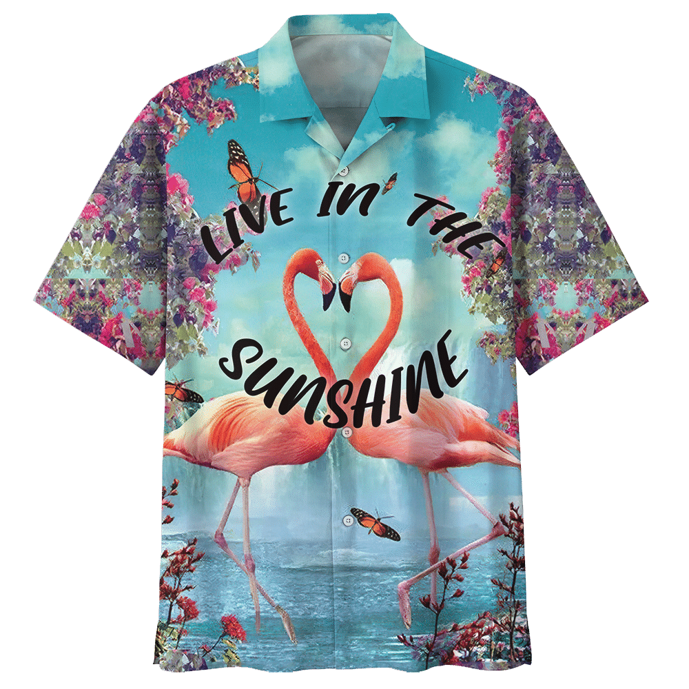 Couple Flamingo Live In The Sunshine Aloha Hawaiian Shirt Colorful Short Sleeve Summer Beach Casual Shirt For Men And Women