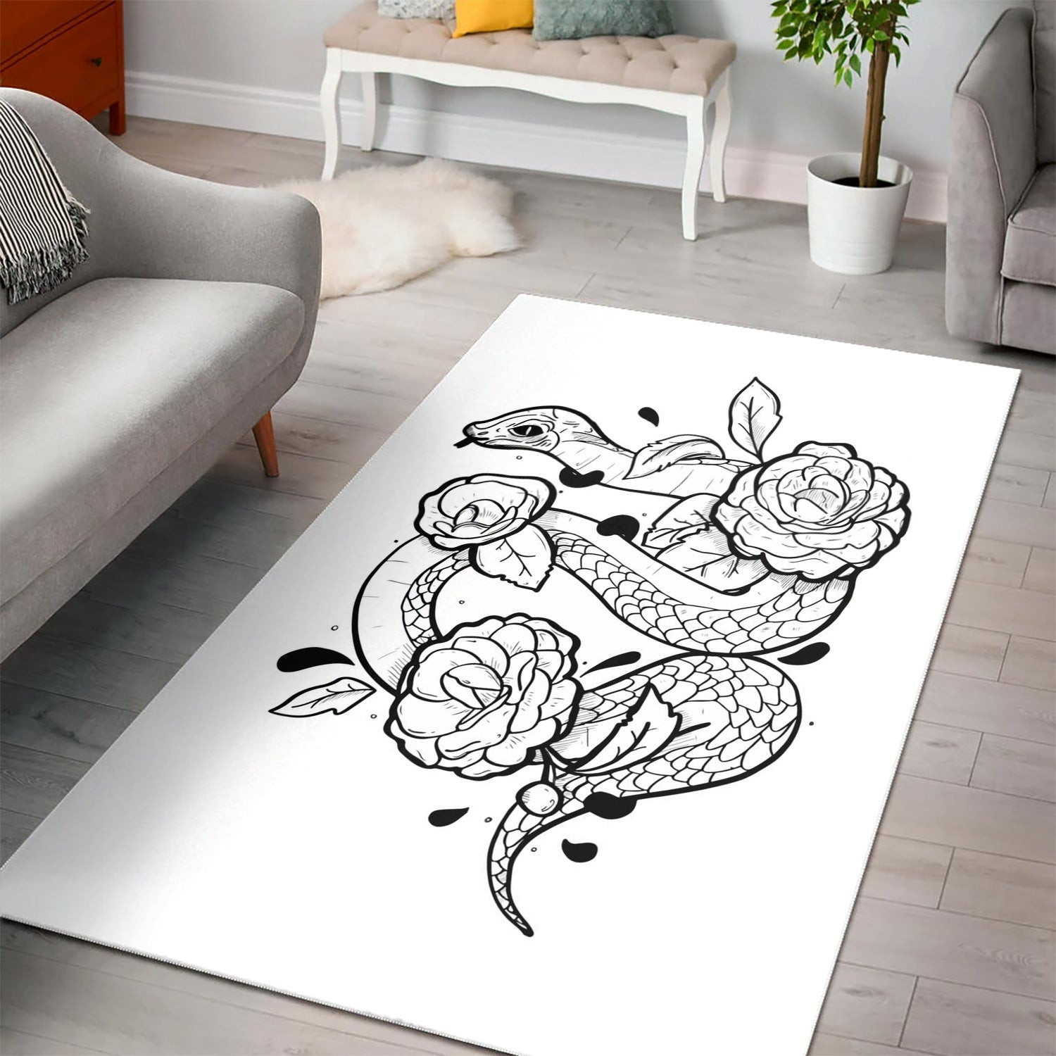 Snake With Flowers Area Rug For Christmas Living room and Bedroom Rug US Gift Decor