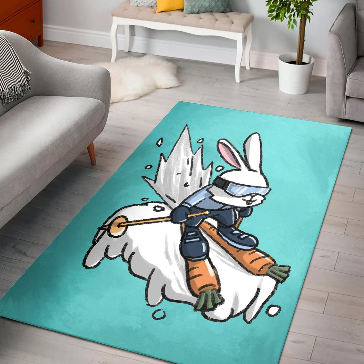 Skiing Bunny Rabbit Rug Living room and Bedroom Rug Home US Decor