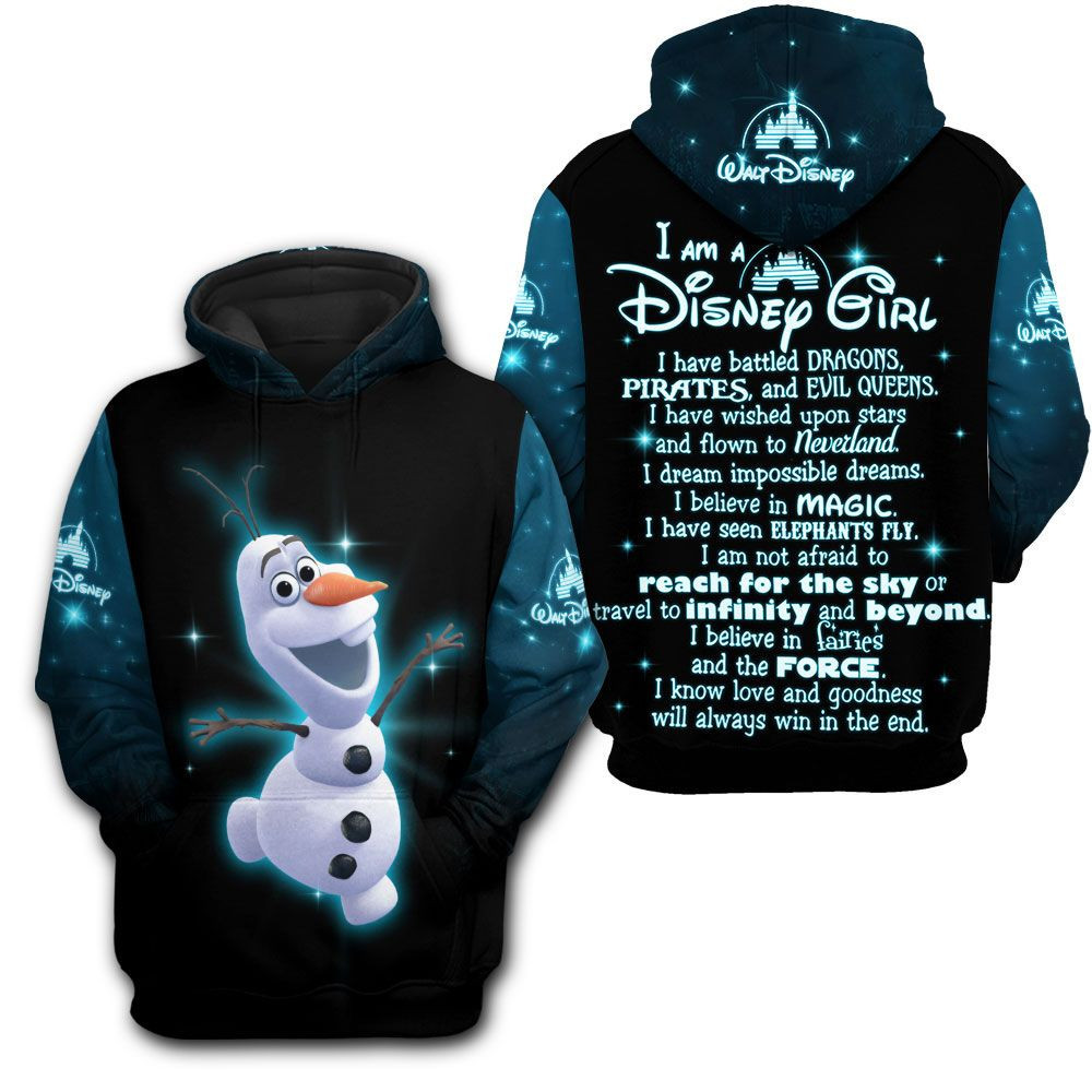 Disney Gifts Disney Frozen Im A Disney Girl Smiling Olaf Hoodie 3D Unisex Hoodie