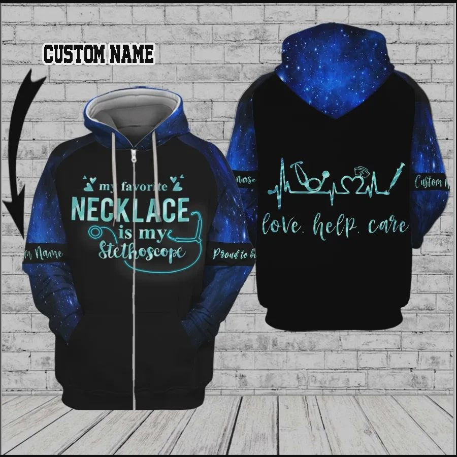 Personalized  My Favorite Necklace Is My Stethoscope Custom Name 3D All Over Print Hoodie, Zip-up Hoodie