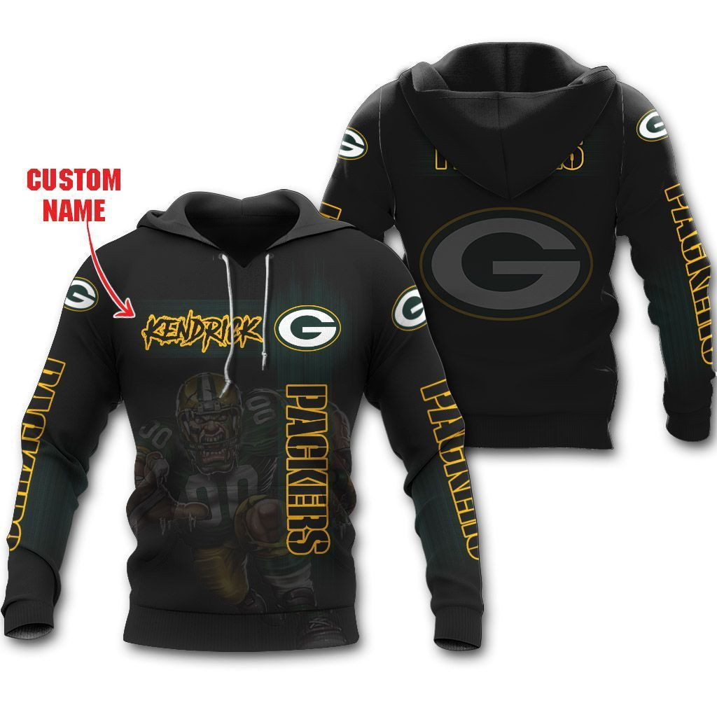 Green Bay Packers Mascot Design Custom Name Personalized Design T Shirt Zip Up Hoodie Long Sleeve Tee For NFL Football Fans