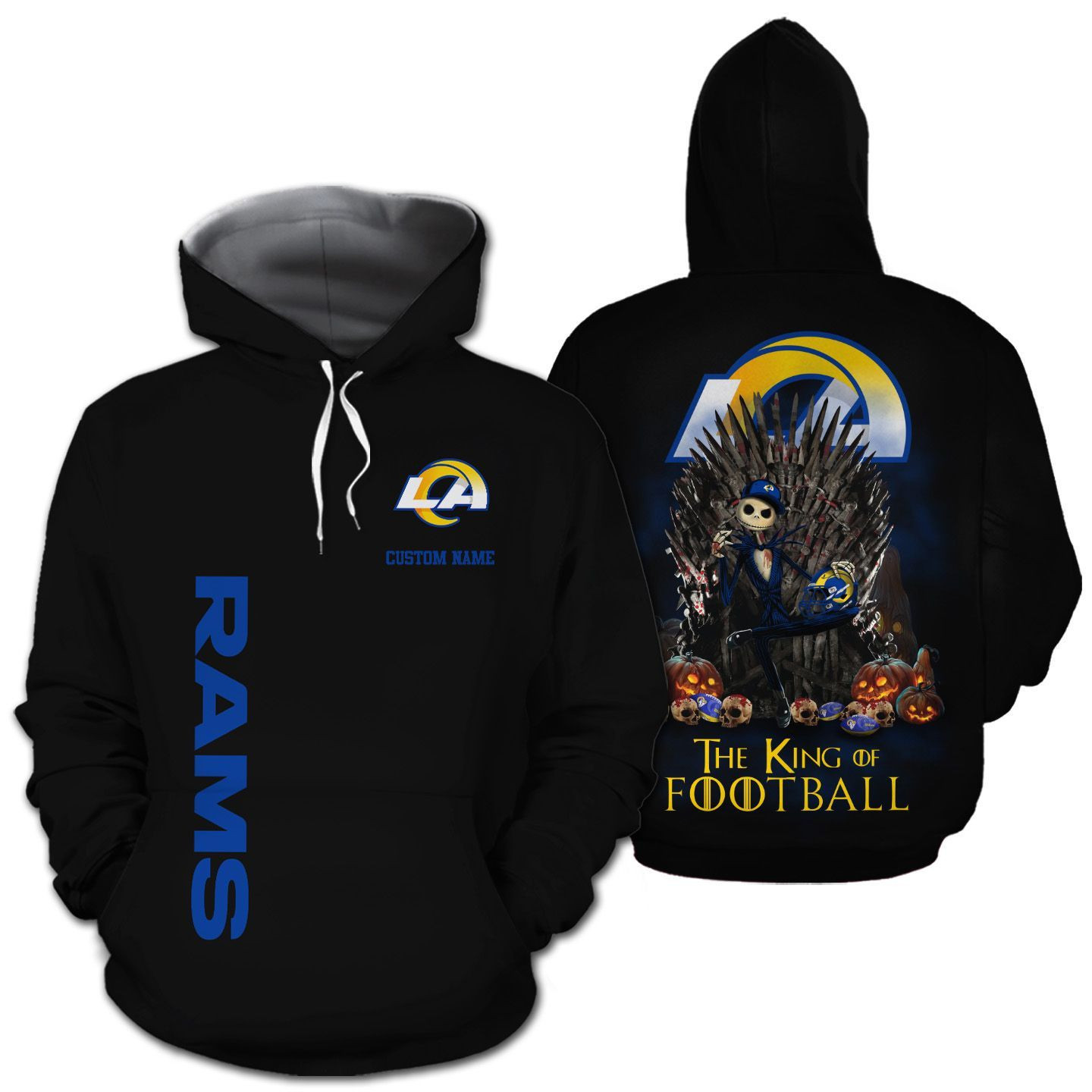 Los Angeles Rams The King Of Football Custom Name Personalized All Over Print 3D T Shirt Zip Hoodie Long Sleeve Full Size For Men Women