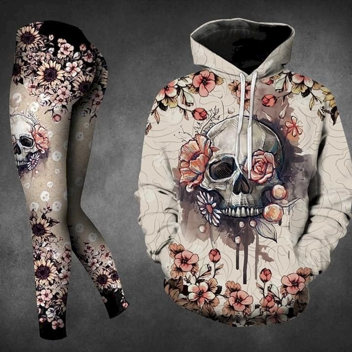 Combo Melting Skull Flowers Pattern 3D Hoodie Leggings Set