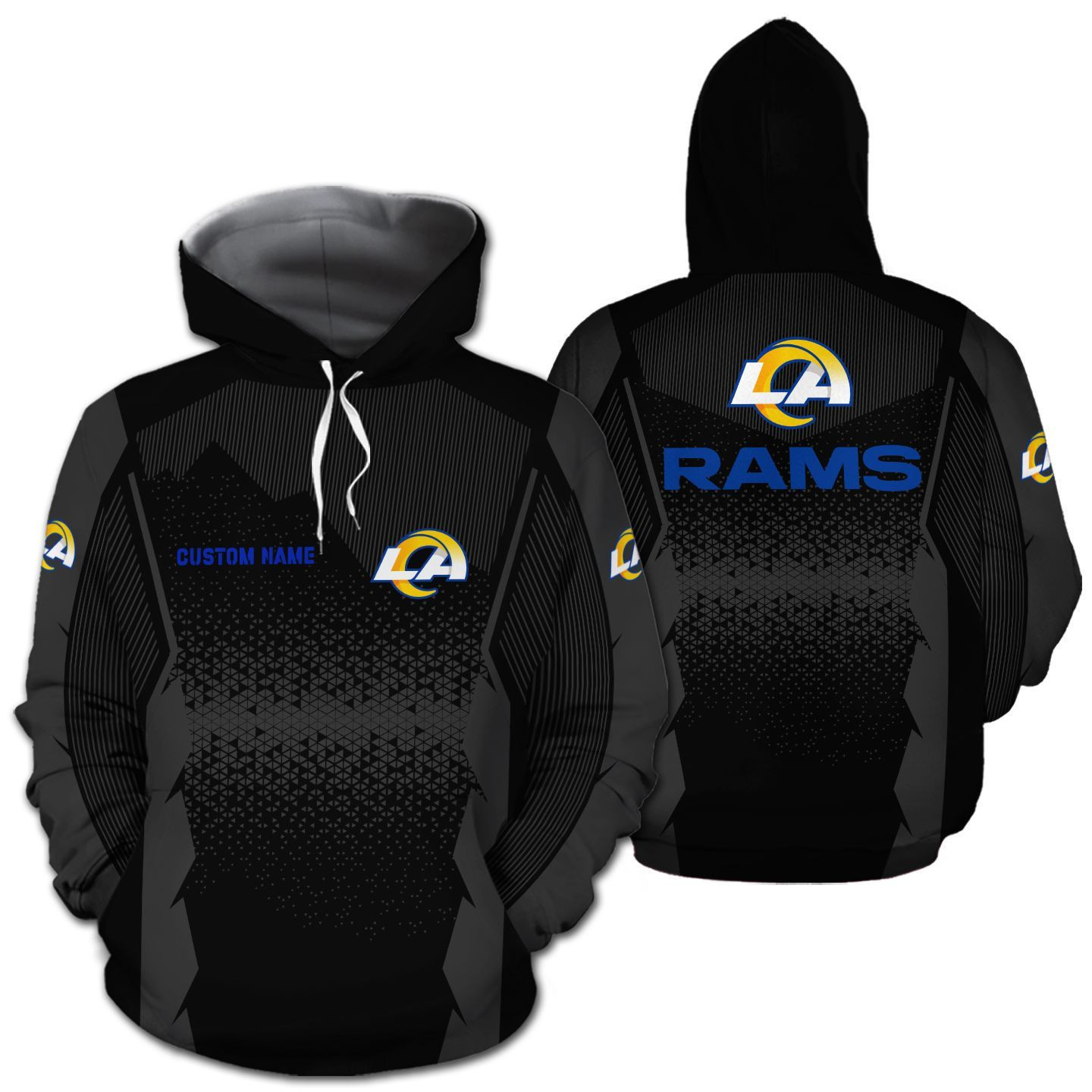 Los Angeles Rams NFL Football Team Logo Custom Personalized With Name All Over Print Design Black 3D T Shirt Zip Up Hoodie Long Sleeve Tee For Fans