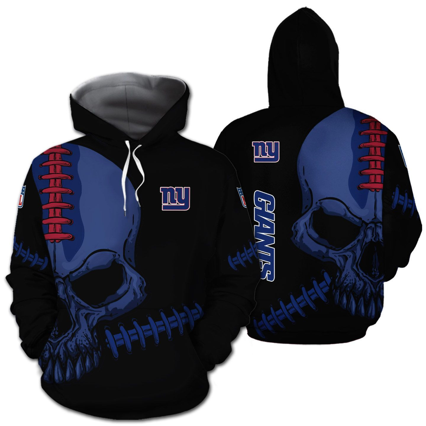 New York Giants Skull All Over Print 3D T Shirt Zip Hoodie Long Sleeve For Fans Full Size