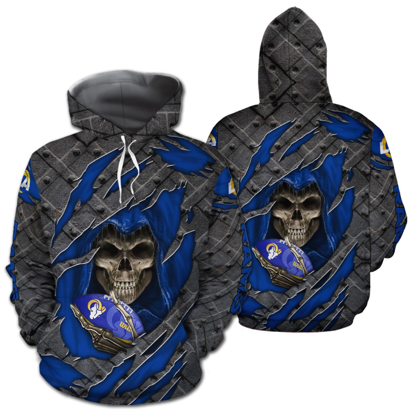 Los Angeles Rams Skull Cracked Metal All Over Print 3D T Shirt Zip Hoodie Long Sleeve Full Size