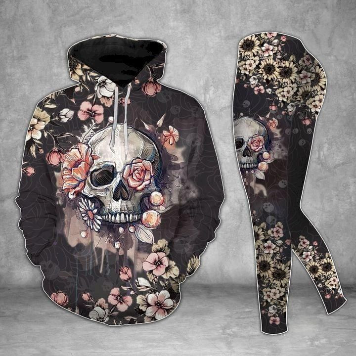 Melting Skull Rose Eyes Flowers Pattern 3D Hoodie Leggings Set