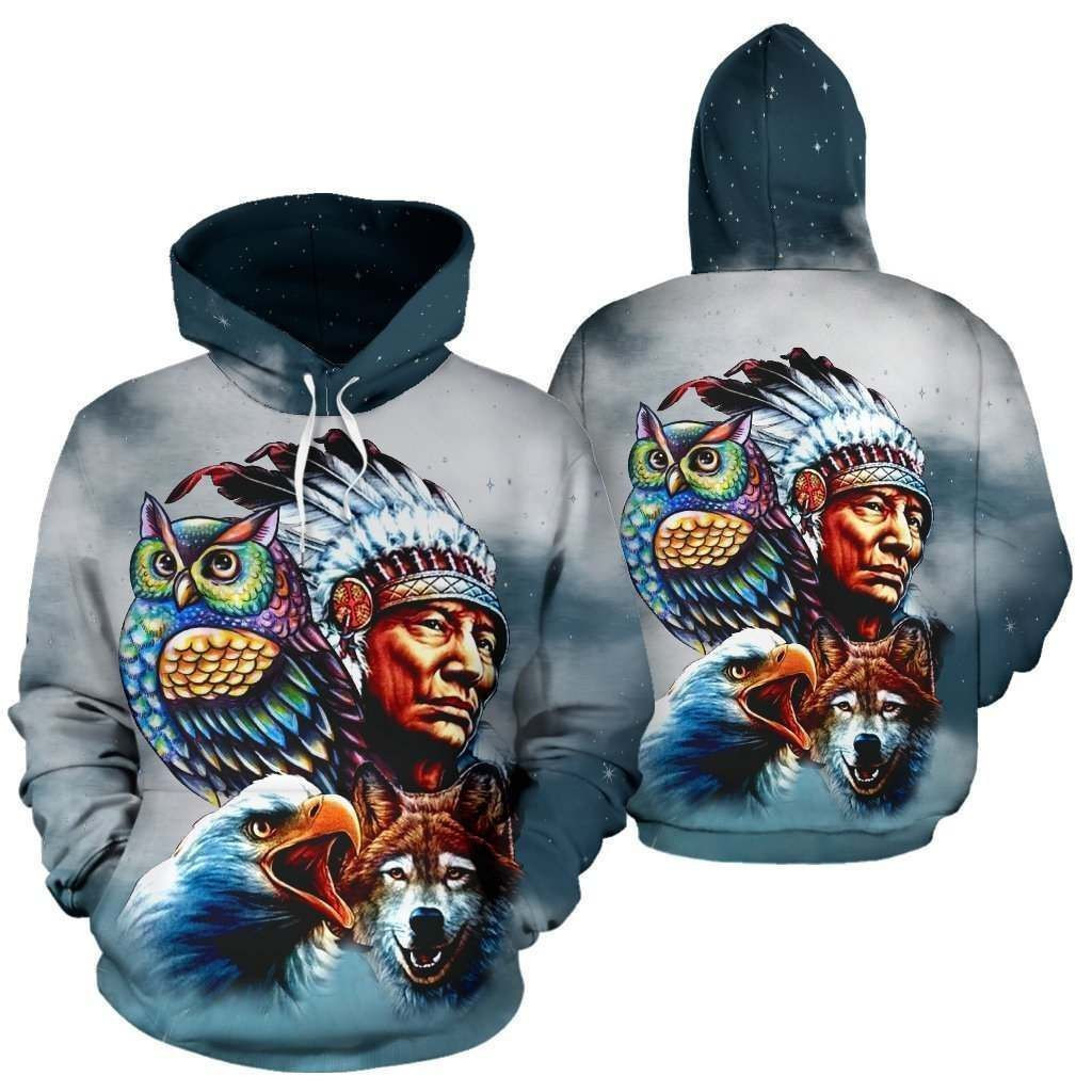 Chief and Spirit Animal Galaxy Background Native American Pride Over Hoodie BT14