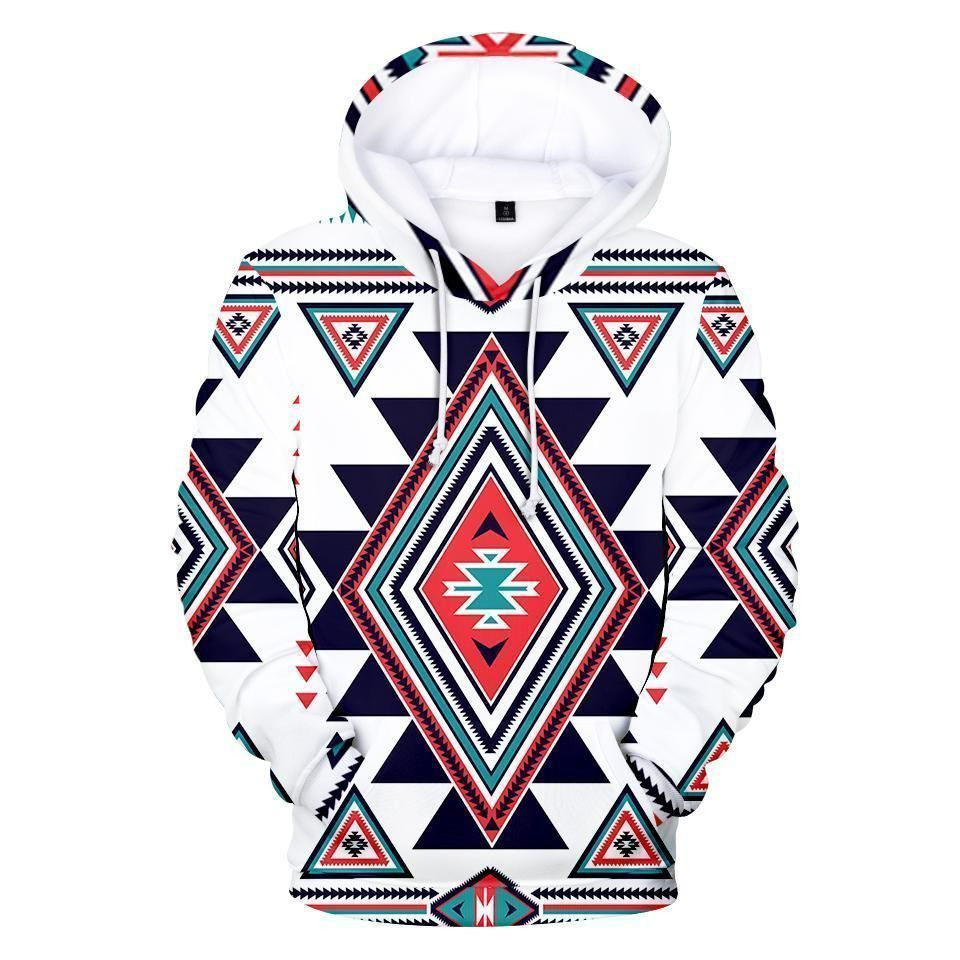 White Geometric Native American Hoodie BT06