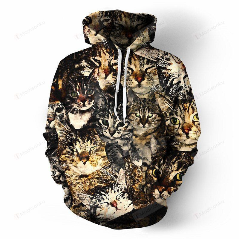 Retro Cat 3D All Over Print Hoodie, Zip-up Hoodie