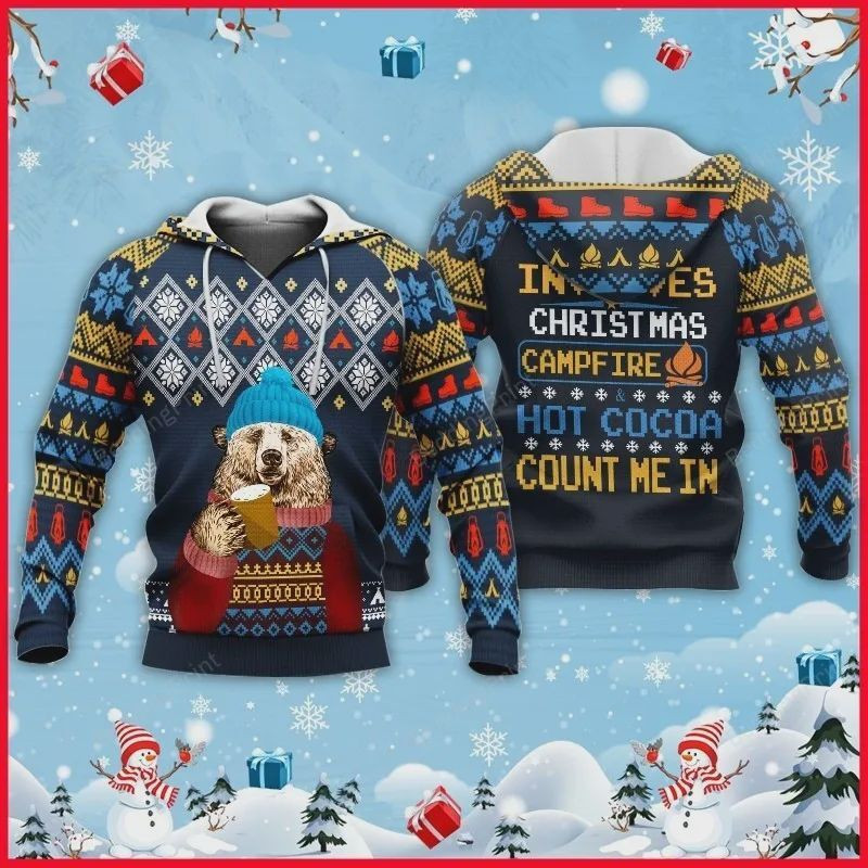 If It Involves Christmas, Campfire & Hot Cocoa Count Me In Ugly Christmas Knitting Pattern 3D All Over Print Hoodie, Zip-up Hoodie