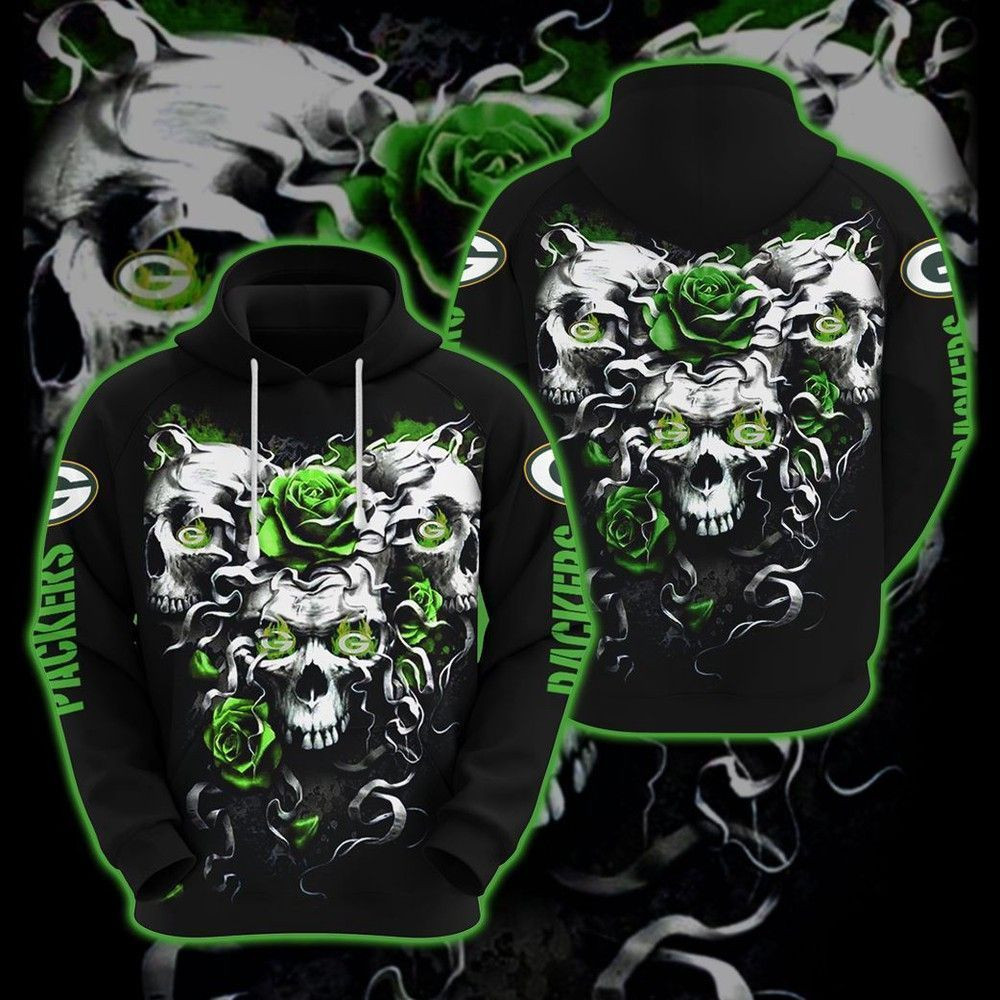 NFL Green Bay Packers Skulls And Roses 3D Hoodie Sweatshirt