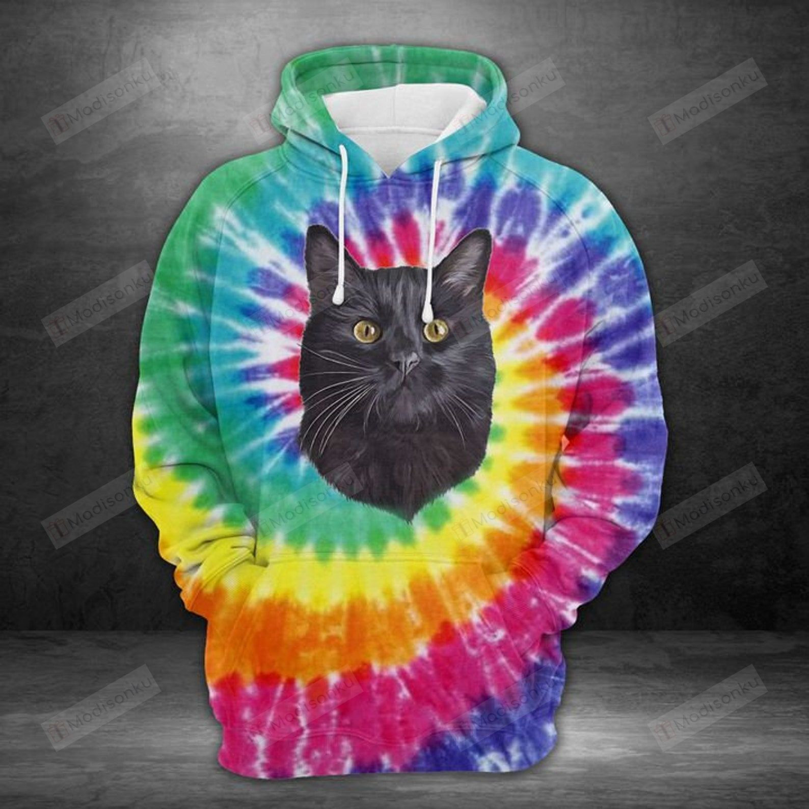 Black Cat Tie Dye Unisex 3D All Over Print Hoodie, Zip-up Hoodie