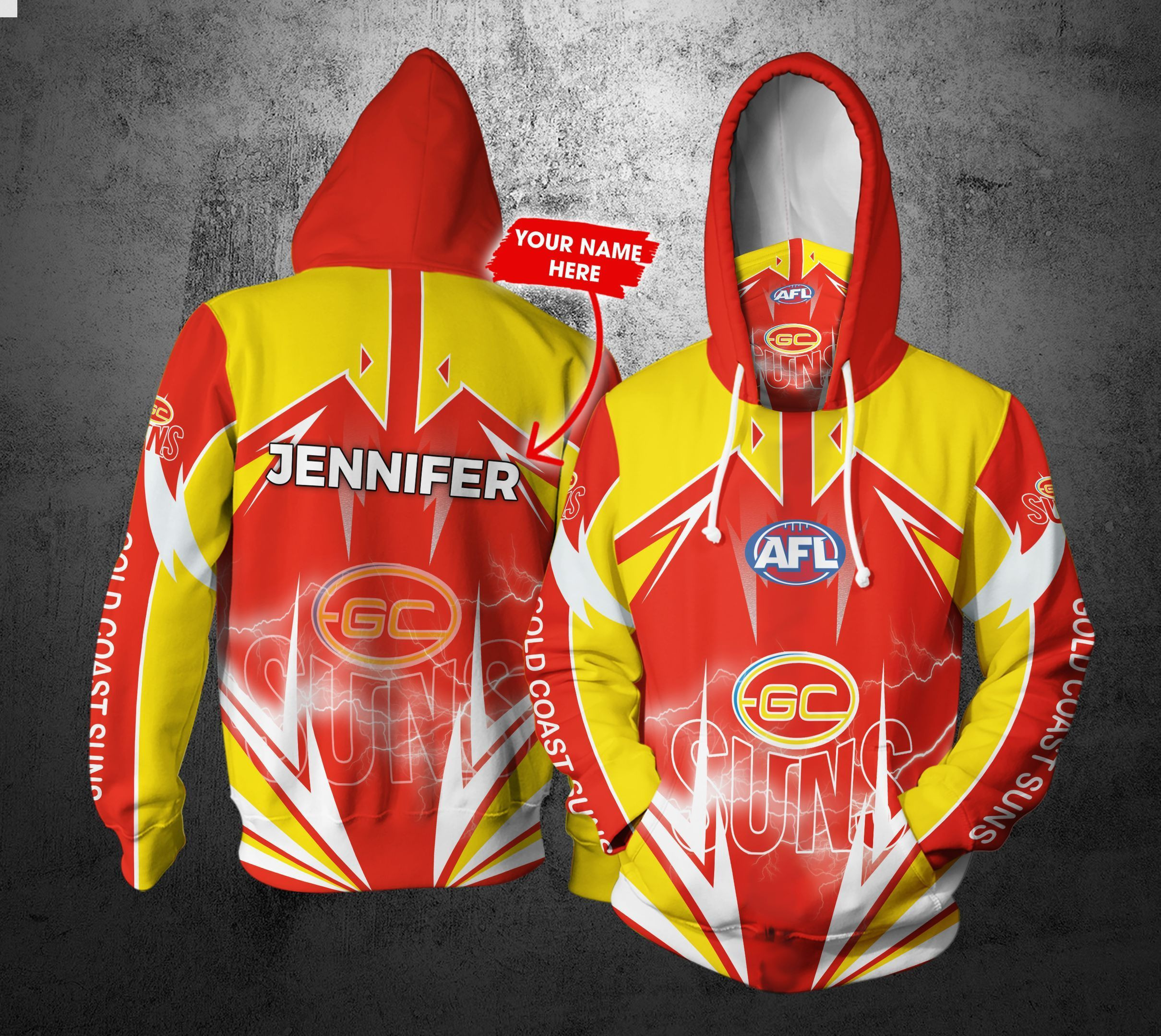 Personalized Afl Gaiter Hoodie Gold Coast Suns Gaiter Hoodie Lightning Custom Name 3D All Over Printed Hoodie