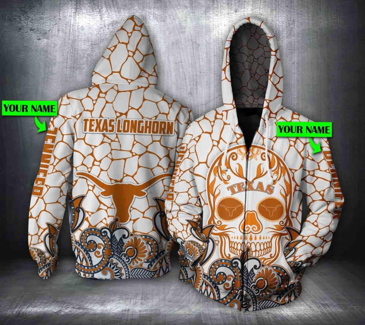 Personalized Texas Longhorn Hoodie Custom Name 3D All Over Printed Hoodie, Zip-Up Hoodie