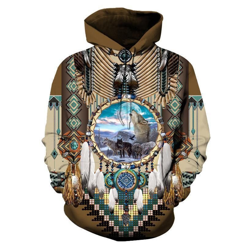 Wofl Dreamcatcher Brown Native American Hoodie BT08