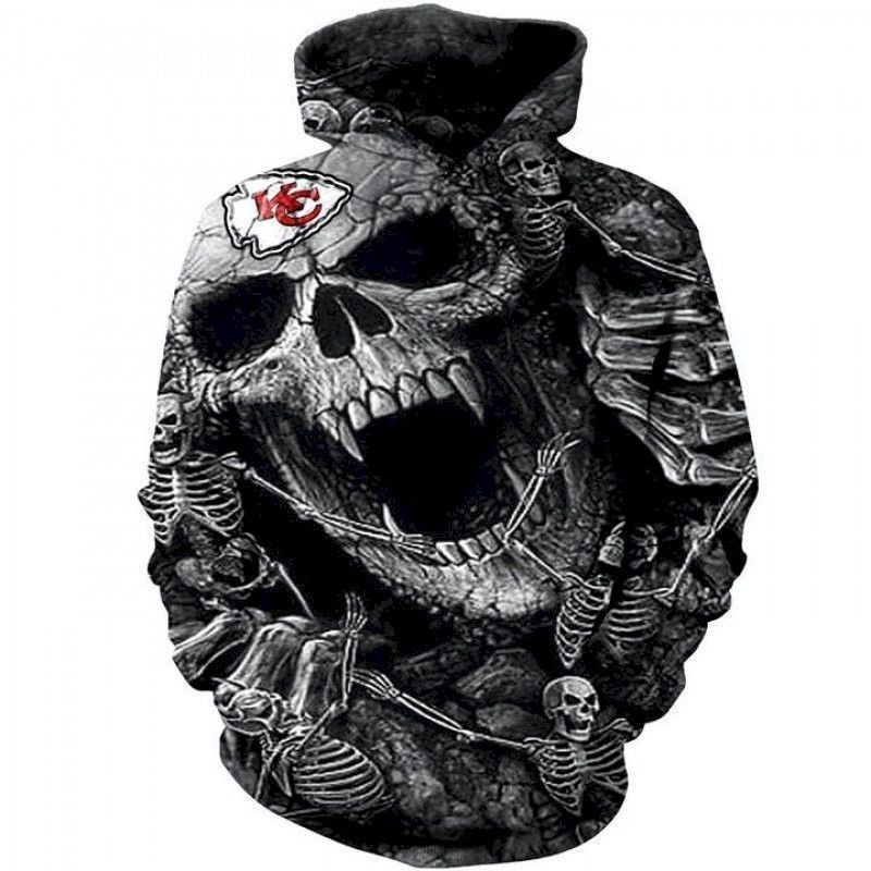 Official NFL Kansas City Chiefs Grey Skull 3D Hoodie Sweatshirt