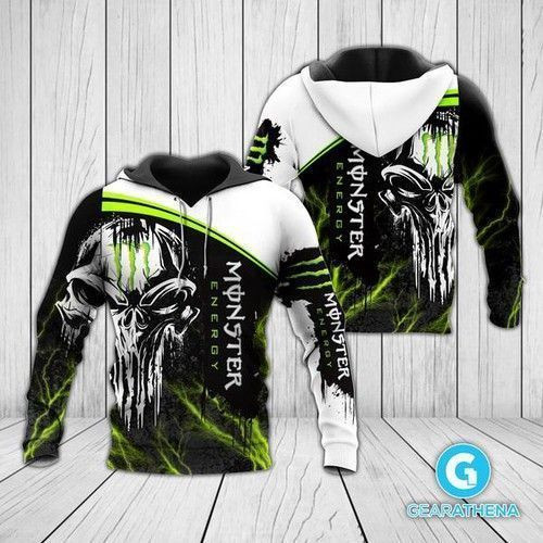 Monster Energy Punisher Skull Black White Green 3D Hoodie