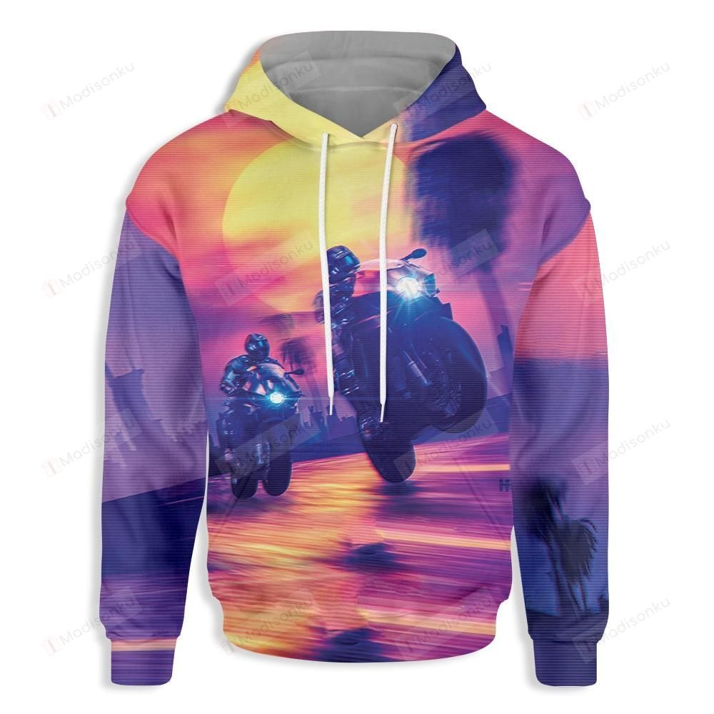 Motorcycle, Futuristic Biker On A Retrowave Sunset  3D All Over Print Hoodie, Zip-up Hoodie