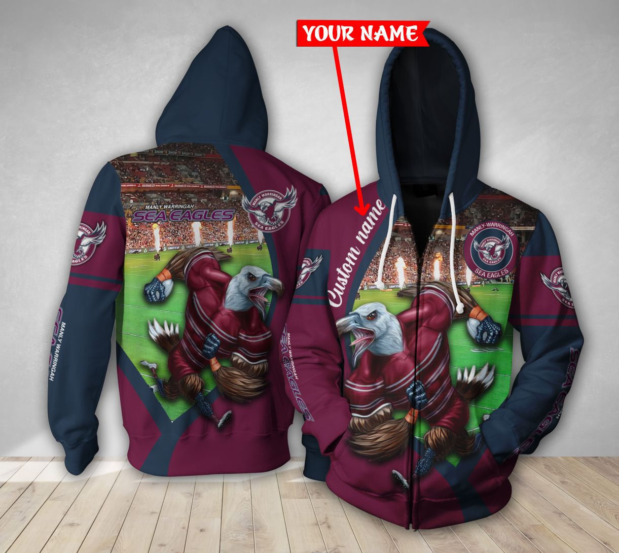 Personalized Manly Warringah Sea Eagles 3D Mascot Hoodie Custom Name 3D All Over Print Hoodie