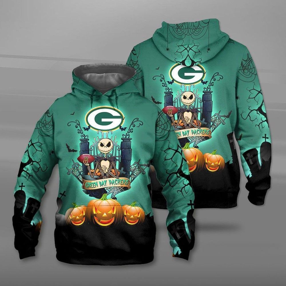 NFL Green Bay Packers Halloween Jack Skellington 3D Hoodie Sweatshirt