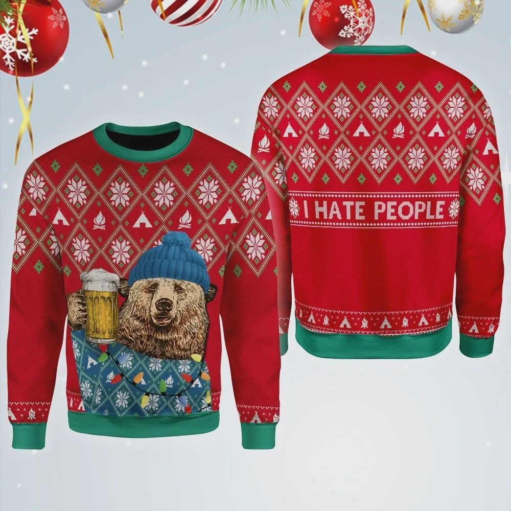 I Hate People Winter Bear Knitting Pattern Ugly Christmas Red 3D All Over Print Hoodie, Zip-up Hoodie