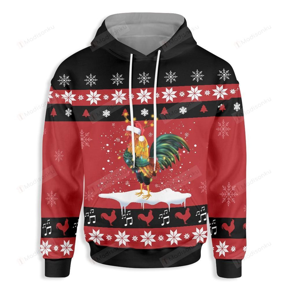 Rooster Merry Christmas Black 3D All Over Print Hoodie, Zip-up Hoodie