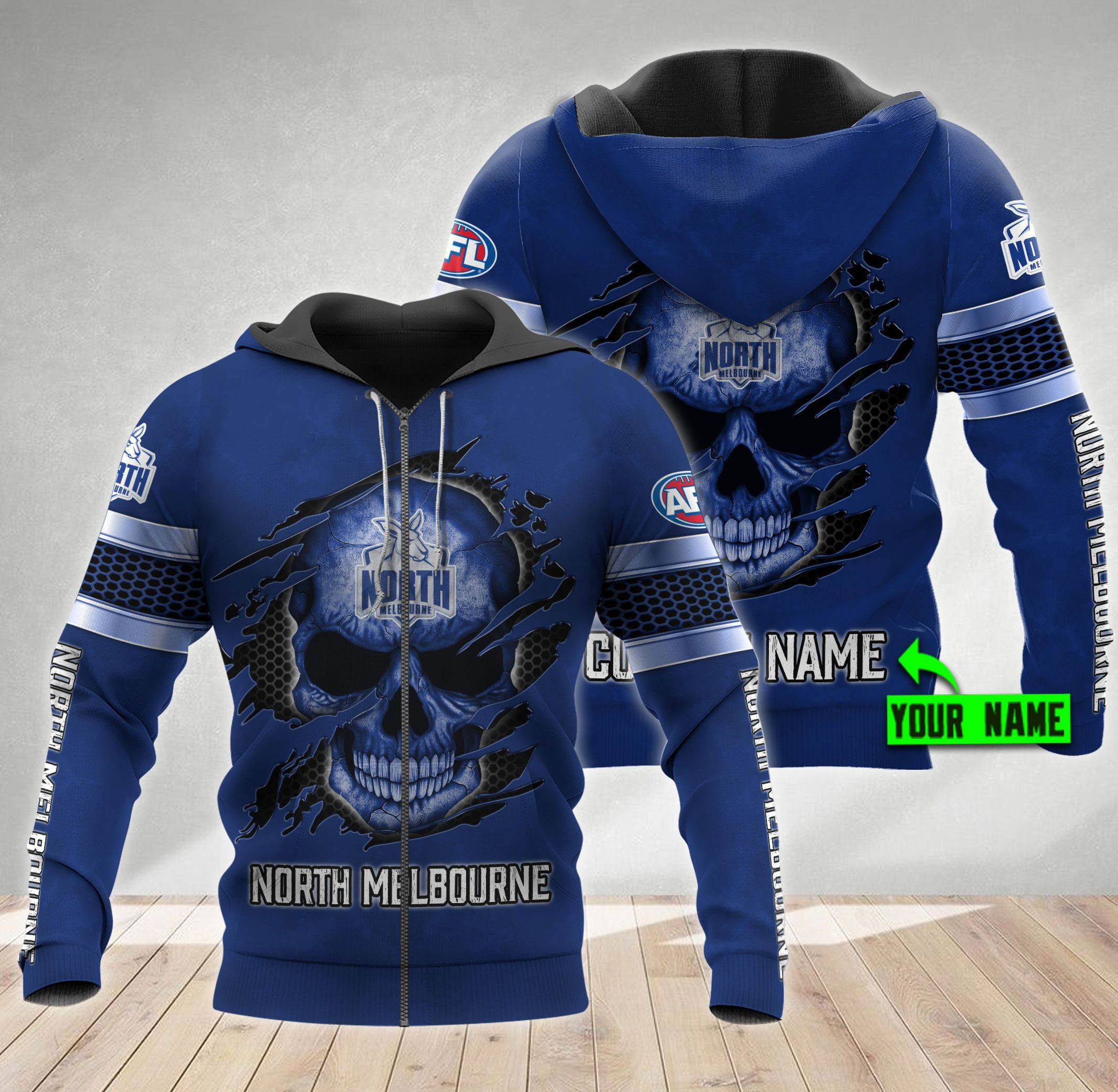 Personalized 3d Hoodie North Melbourne Football Club AFL Skull Custom Name 3D All Over Print Hoodie, Zip-Up Hoodie