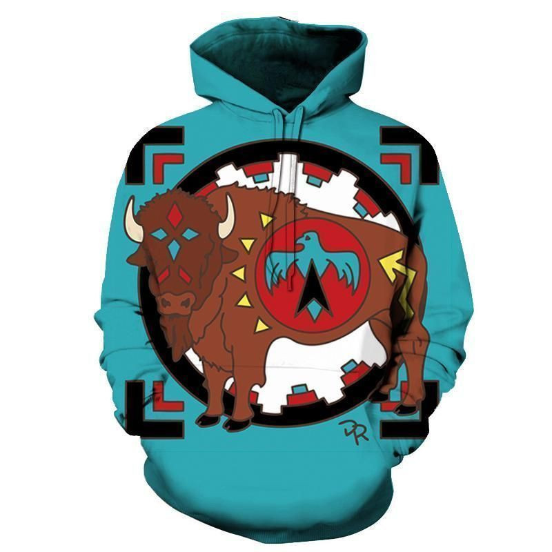 Bison And Eagle Blue Native American Clothing Hoodie BT02