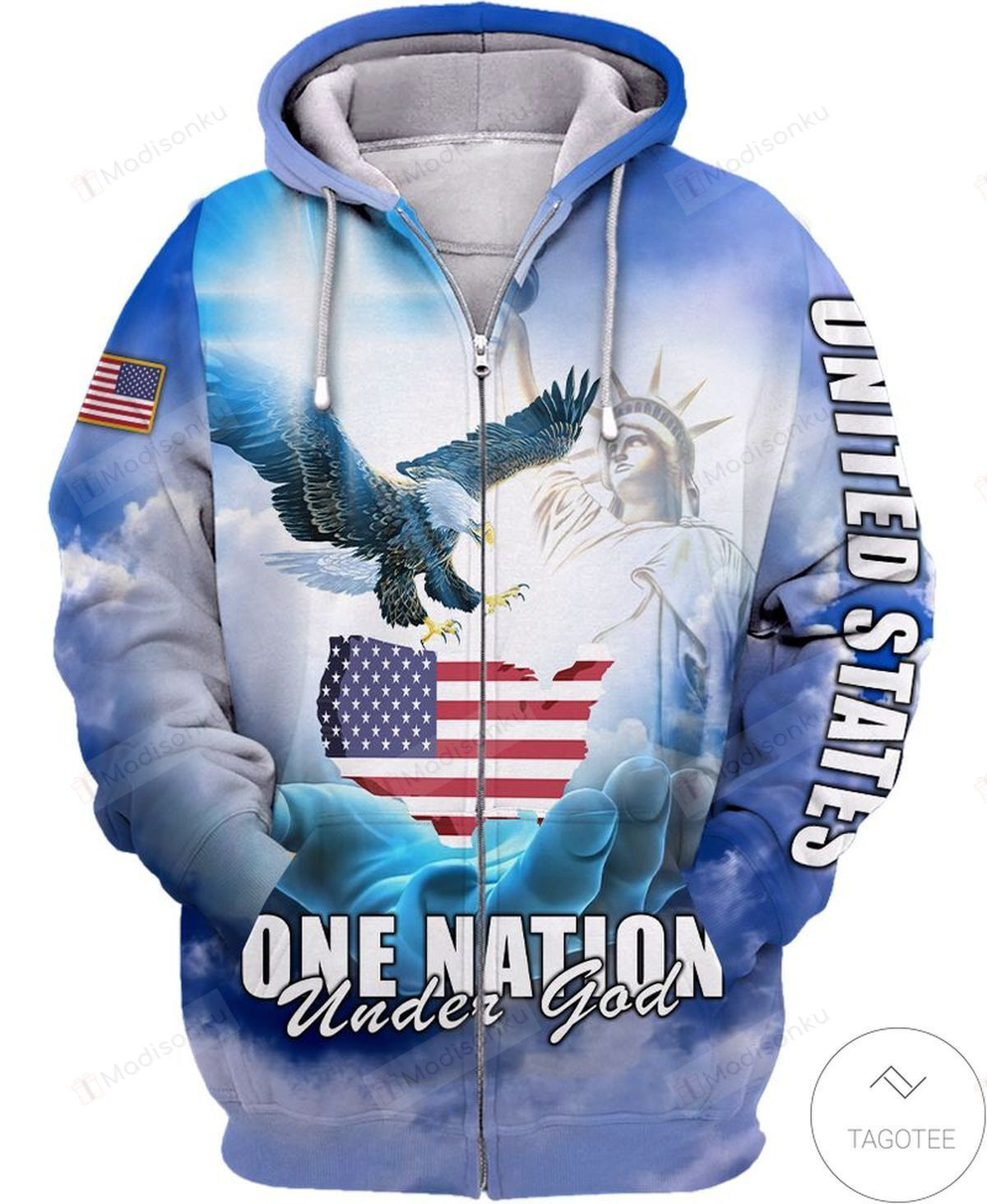 Best Shop Blue Sky One Nation Under God Flag Eagle 3D All Over Print Hoodie, Zip-up Hoodie