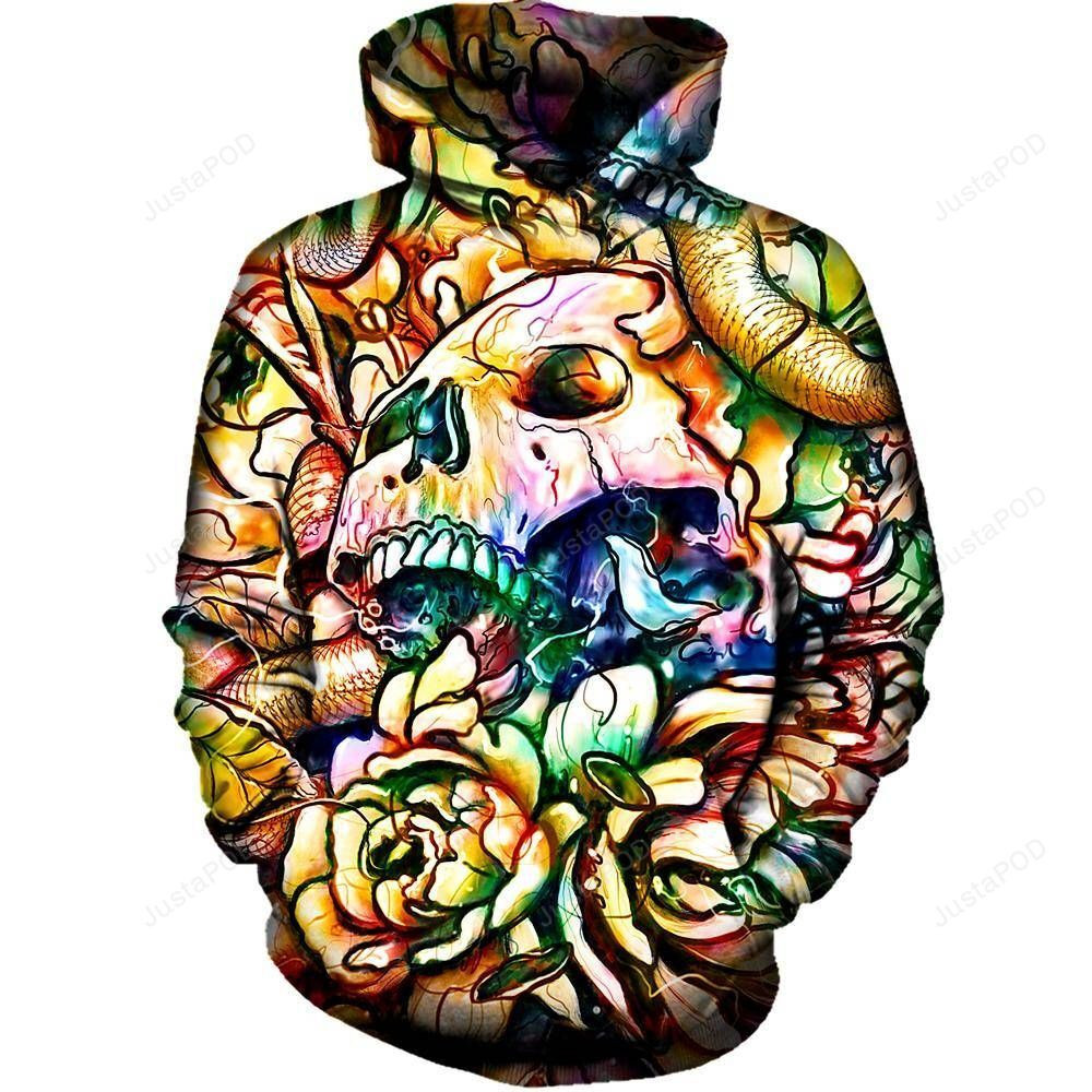 Floral Skull 3D All Over Printed Hoodie, Zip- Up Hoodie