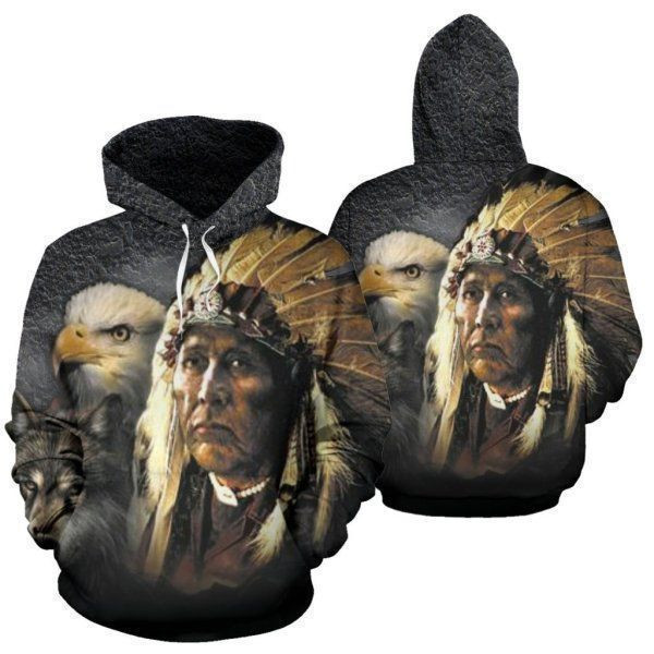 Native American Indian Eagle Wolf Pullover Unisex Hoodie BT06