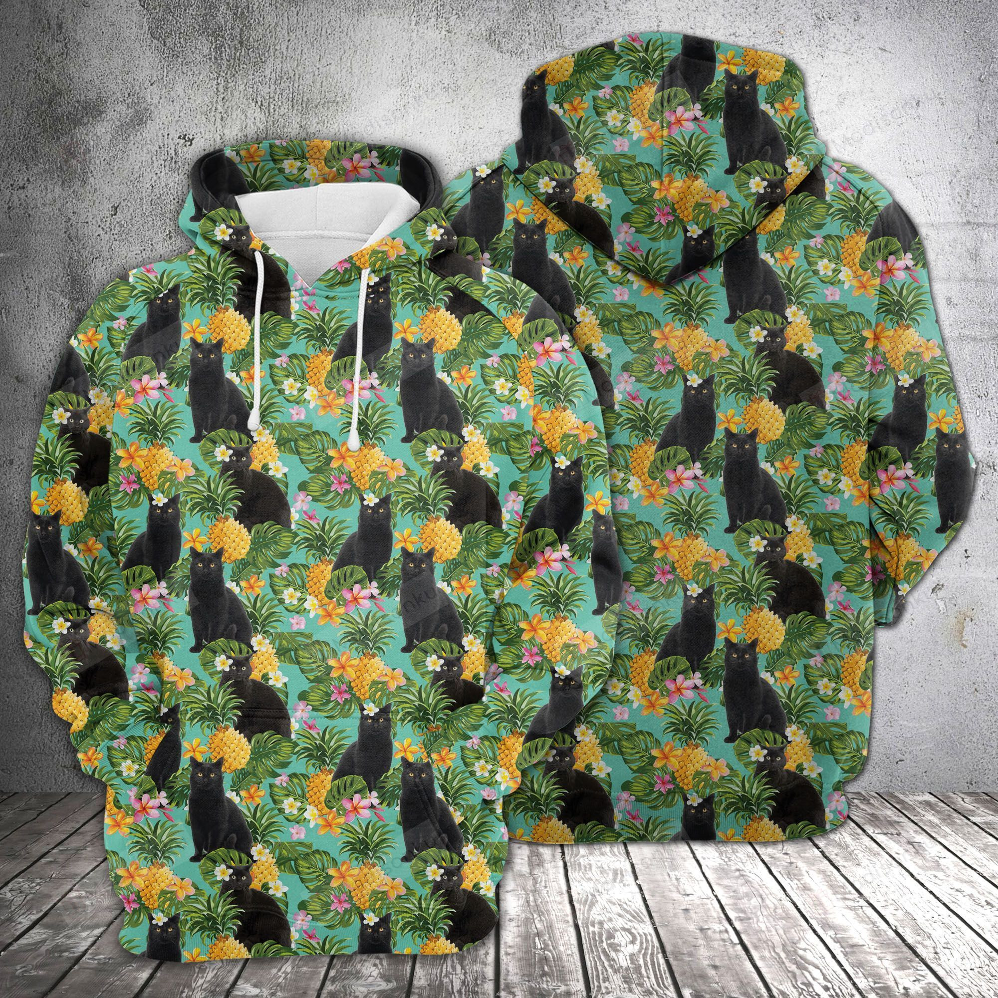 Tropical Pineapple Black Cat 3D All Over Print Hoodie, Zip-up Hoodie