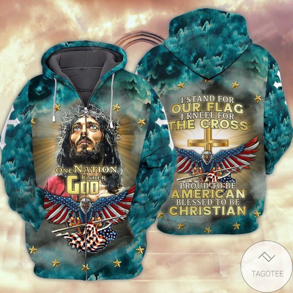 Free Ship One Nation Under God  America Flag Eagle 3D All Over Print Hoodie, Zip-up Hoodie