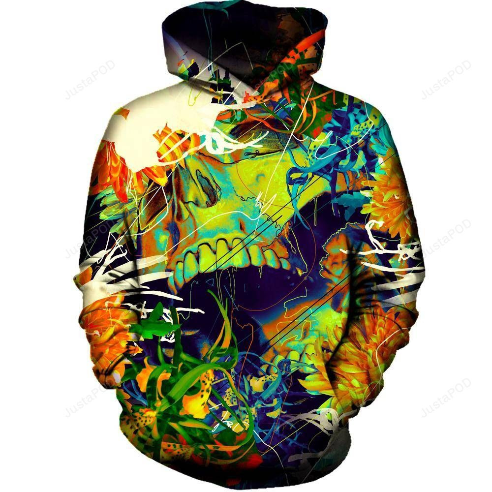 Floral Skull Green 3D All Over Printed Hoodie, Zip- Up Hoodie