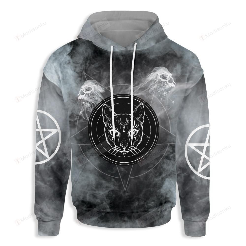 Black Cat With Skull Smoke  3D All Over Print Hoodie, Zip-up Hoodie